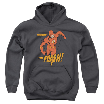 Charcoal youth hoodie for ages 8 to 12 with The Flash Whirlwind graphic