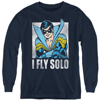 Navy youth long sleeve t-shirt with Nightwing Fly Solo graphic