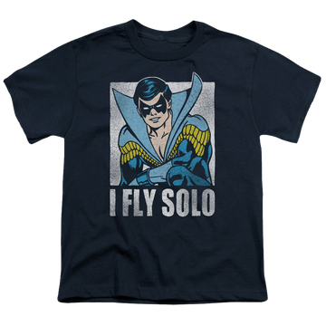 Navy youth t-shirt for ages 8 to 12 with Nightwing Fly Solo graphic