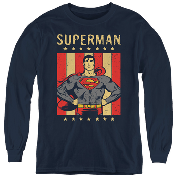 Navy youth long sleeve t-shirt with Superman Retro Liberty graphic