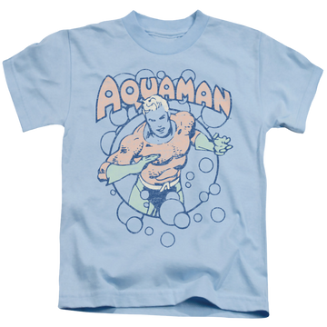 Light blue kid's t-shirt for ages 4 to 7 with Aquaman Bubbles graphic