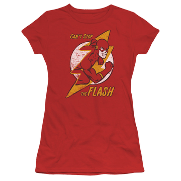 Red juniors t-shirt with Flash Bolt graphic