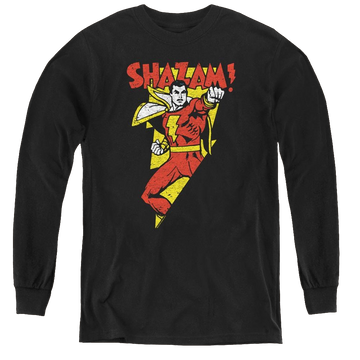Black youth long sleeve t-shirt with Shazam In Bolt graphic