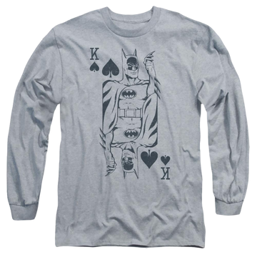 Athletic heather men's long sleeve t-shirt with Batman DC Comics Bat Card graphic