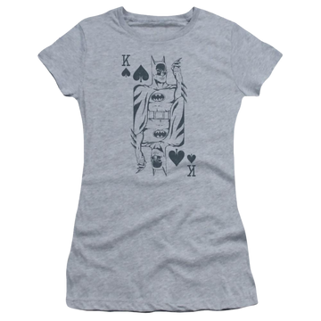 Athletic heather juniors t-shirt with Batman DC Comics Bat Card graphic