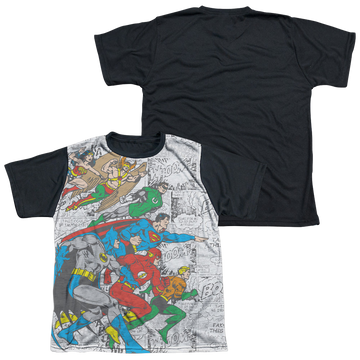 Justice League Face Off youth black back t-shirt for ages 8 to 12