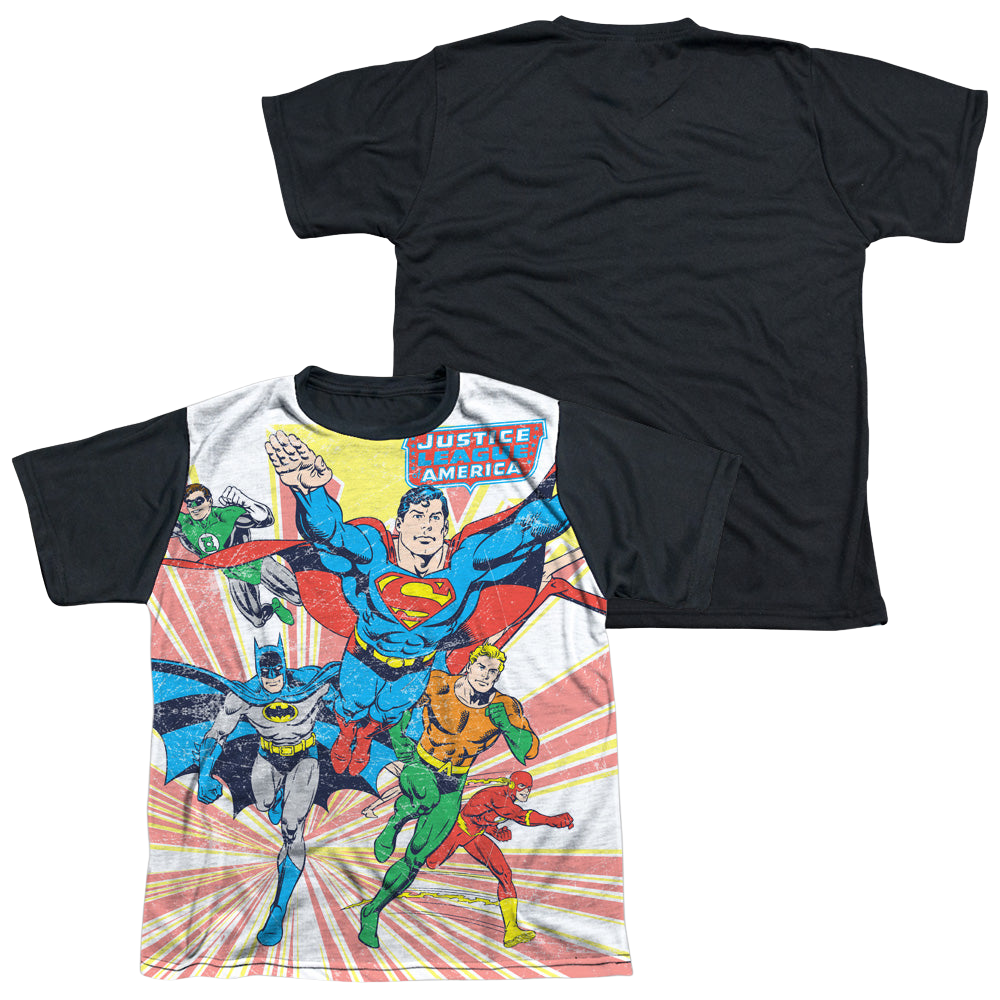 Justice League Coming At You - Youth Black Back T-Shirt Youth Black Back T-Shirt (Ages 8-12) Justice League