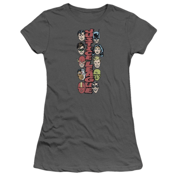 Charcoal juniors t-shirt with Justice League DC Comics Stacked Justice graphic
