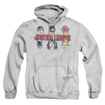 Athletic heather pullover hoodie with Justice League Justice Lineup graphic