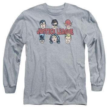 Athletic heather men's long sleeve t-shirt with Justice League DC Comics Justice Lineup graphic