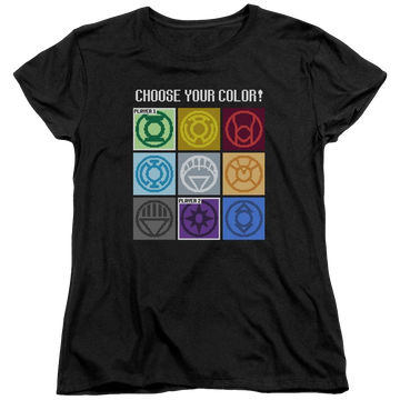 Black women's t-shirt with Justice League DC Comics Choose Your Color graphic