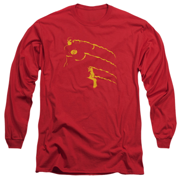 Red men's long sleeve t-shirt with Flash Min graphic