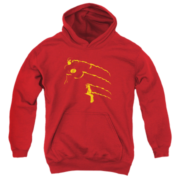 Red youth hoodie for ages 8 to 12 with Flash Min graphic