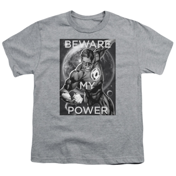 Athletic heather youth t-shirt for ages 8 to 12 with Green Lantern Power graphic