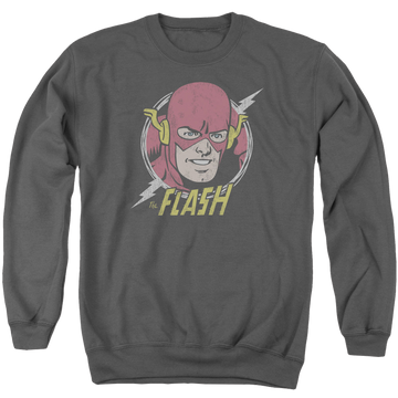 Charcoal men's crewneck sweatshirt with The Flash Vintage Voltage graphic