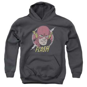 Charcoal youth hoodie for ages 8 to 12 with The Flash Vintage Voltage graphic
