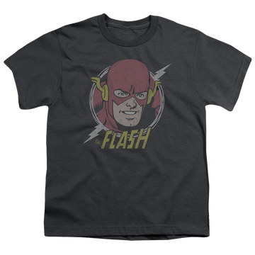 Charcoal youth t-shirt for ages 8 to 12 with The Flash Vintage Voltage graphic