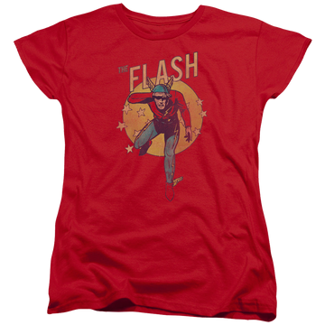 Red women's t-shirt with The Flash Circle & Stars graphic