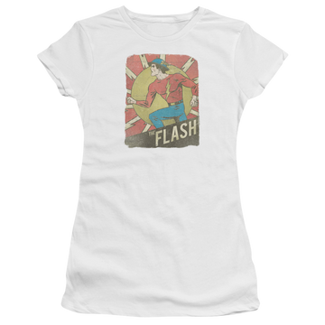 White juniors t-shirt with The Flash Tattered Poster graphic