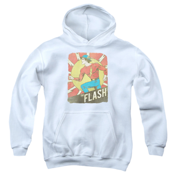 White youth hoodie for ages 8 to 12 with The Flash Tattered Poster graphic