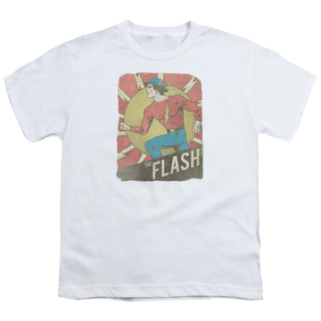 White youth t-shirt for ages 8 to 12 with The Flash Tattered Poster graphic