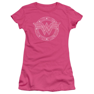Hot pink juniors t-shirt with Wonder Woman DC Comics Tattered Emblem graphic