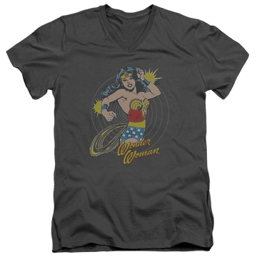Charcoal men's v-neck t-shirt with DC Comics Spinning graphic