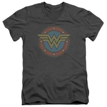 Charcoal men's v-neck t-shirt with DC Comics Ww Vintage Emblem graphic