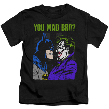 Black kid's t-shirt for ages 4 to 7 with Joker Mad Bro graphic