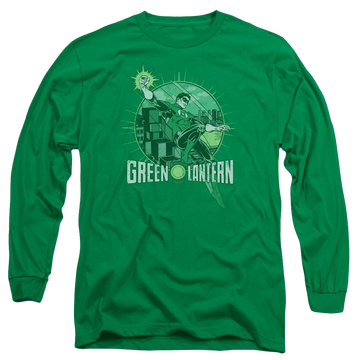 Kelly green men's long sleeve t-shirt with Green Lantern DC Comics City Power graphic