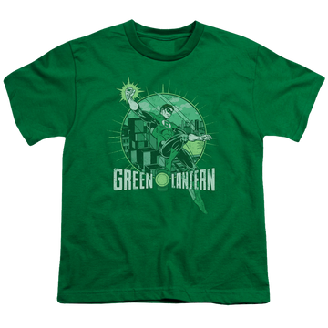 Kelly green youth t-shirt for ages 8 to 12 with Green Lantern City Power graphic