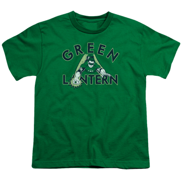 Kelly green youth t-shirt for ages 8 to 12 with Green Lantern In Flight graphic