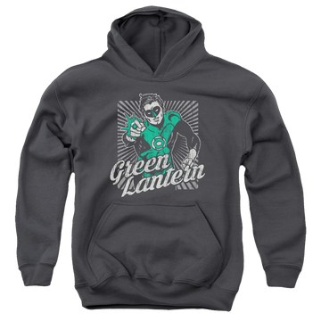 Charcoal youth hoodie for ages 8 to 12 with Green Lantern Ring Rays graphic
