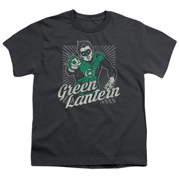Charcoal youth t-shirt for ages 8 to 12 with Green Lantern Ring Rays graphic