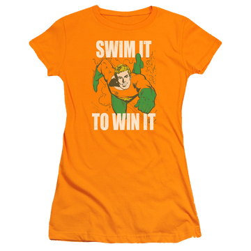 Orange juniors t-shirt with Aquaman Swim It graphic