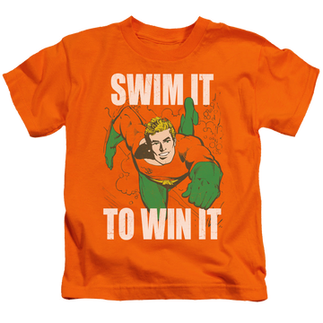 Orange kid's t-shirt for ages 4 to 7 with Aquaman Swim It graphic