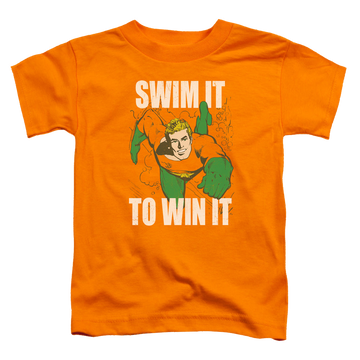 Orange toddler t-shirt with Aquaman Swim It graphic