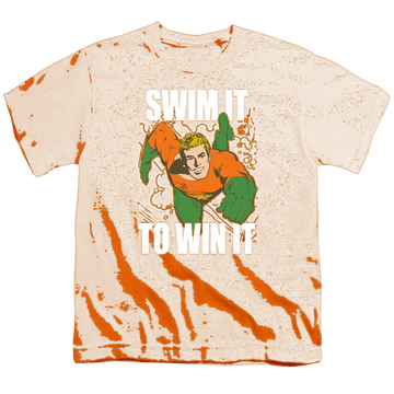 Orange youth t-shirt for ages 8 to 12 with Aquaman Swim It graphic