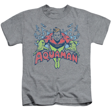 Athletic heather kid's t-shirt for ages 4 to 7 with Aquaman Splish Splash graphic
