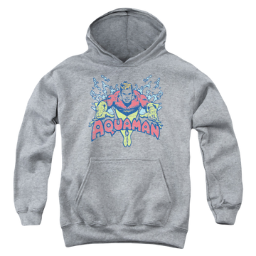Athletic heather youth hoodie for ages 8 to 12 with Aquaman Splish Splash graphic