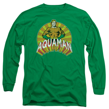 Kelly green men's long sleeve t-shirt with Aquaman Arms Akimbo graphic