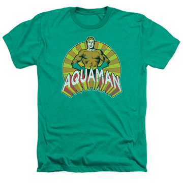 Kelly green men's heather t-shirt with Aquaman Arms Akimbo graphic