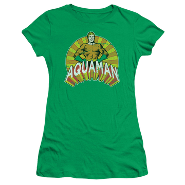 Kelly green juniors t-shirt with Aquaman Arms Akimbo graphic