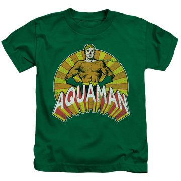 Kelly green kid's t-shirt for ages 4 to 7 with Aquaman Arms Akimbo graphic