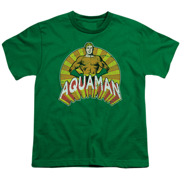 Kelly green youth t-shirt for ages 8 to 12 with Aquaman Arms Akimbo graphic