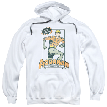 White pullover hoodie with Aquaman Am Action Figure graphic