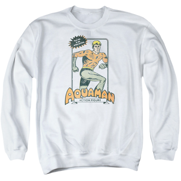 White men's crewneck sweatshirt with Aquaman Am Action Figure graphic
