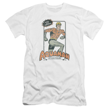 White men's premium slim fit t-shirt with Aquaman Am Action Figure graphic