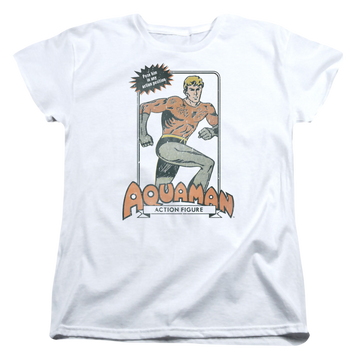 White women's t-shirt with Aquaman Am Action Figure graphic