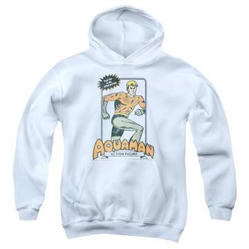 White youth hoodie for ages 8 to 12 with Aquaman Am Action Figure graphic
